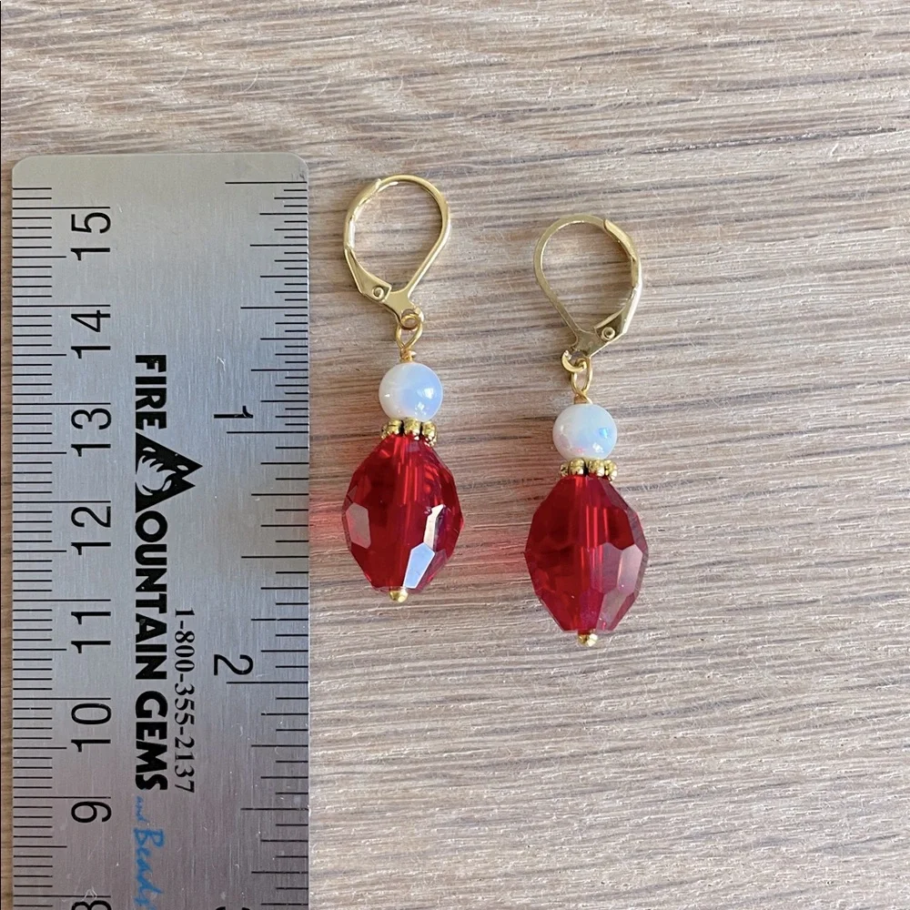 HAND CRAFTED DROP EARRINGS Faceted Red Gold White Faux Pearls Holiday Christmas